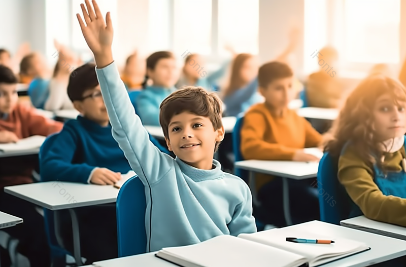 穿着蓝衣服的男孩在课堂上高高举起他的手摄影背景,高清,摄影图,摄影图片,图片大全,摄影图免费下载